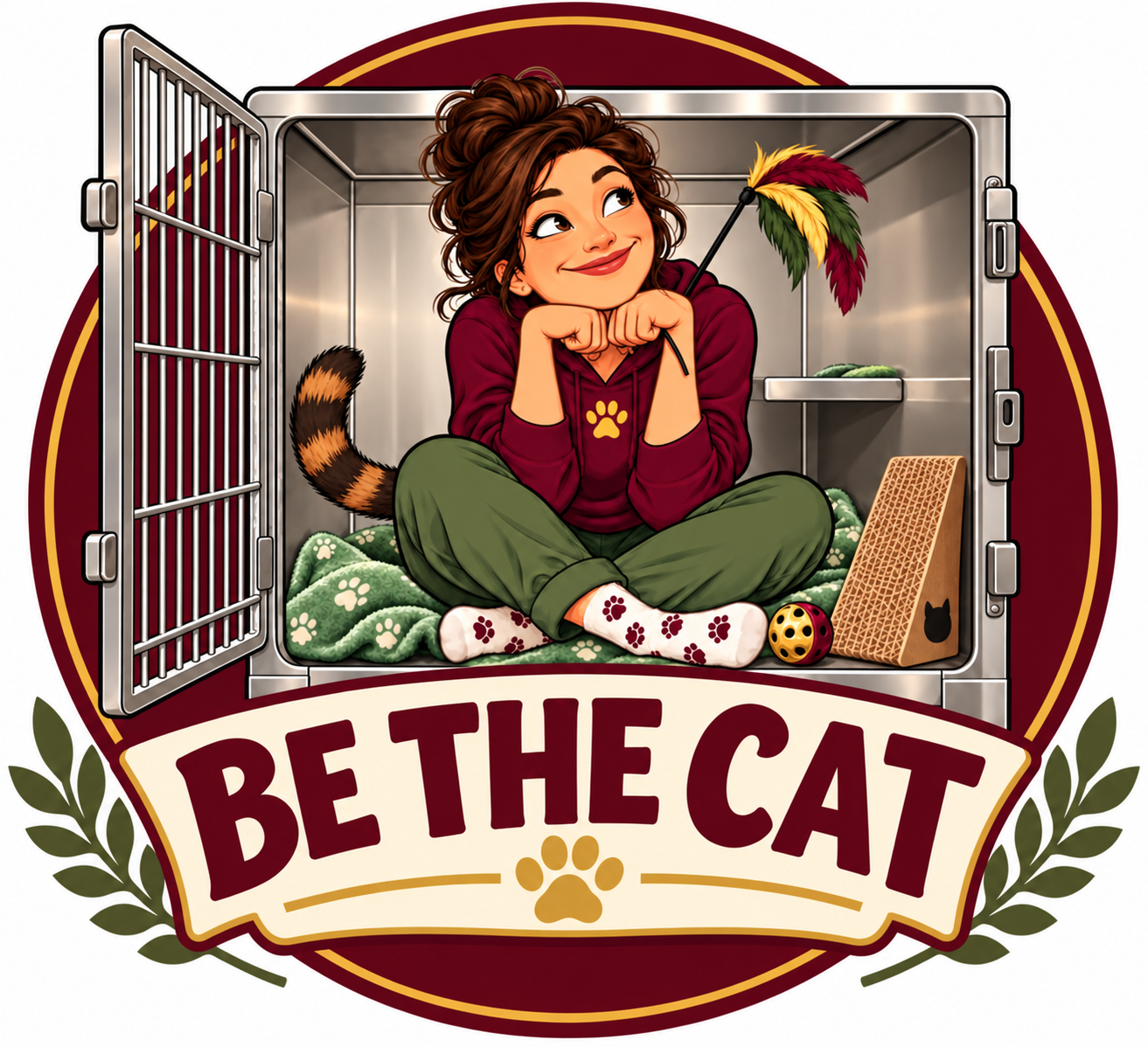 BE THE CAT illustrated logo: a woman experiencing a cat’s shelter cage